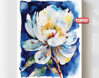 White Peony Flower Wall Art Print, Floral Painting Navy Blue Watercolor Artwork, Large Botanical Gift for Girl Woman Canvas Plant Picture