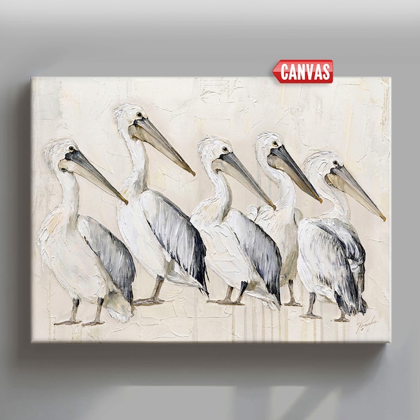 Coastal Pelican Wall Art, Neutral Bird Print, Japandi Wabi Sabi Сontemporary Painting, Canvas Decor