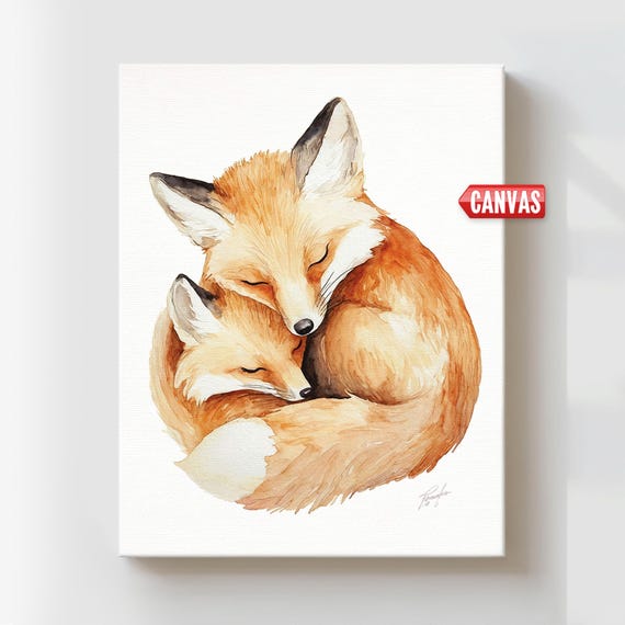 Mom & Baby Fox Wall Art PRINT Nursery Decor, Sleeping Fox Painting Canvas Cute Animal Family Watercolor Woodland Kids Room Girl Boy Gift