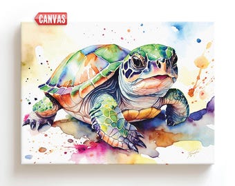 Little Sea Turtle Painting Wall Art Print - Gift For Kids, Watercolor Artwork Baby Girl Boy Colorful Wall Decor Nursery Canvas Ocean Beach