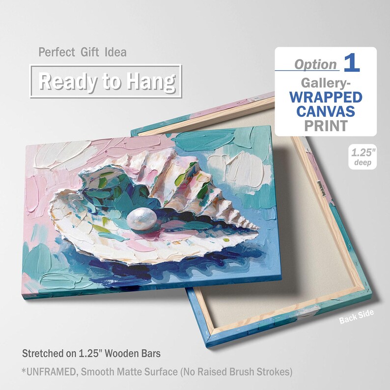 Arte mural de ostras y perla: impresión costera de mi pintura al óleo, decoración de casa de playa, concha marina sobre lienzo, obra de arte náutica grande firmada, regalo WRAPPED Canvas Print