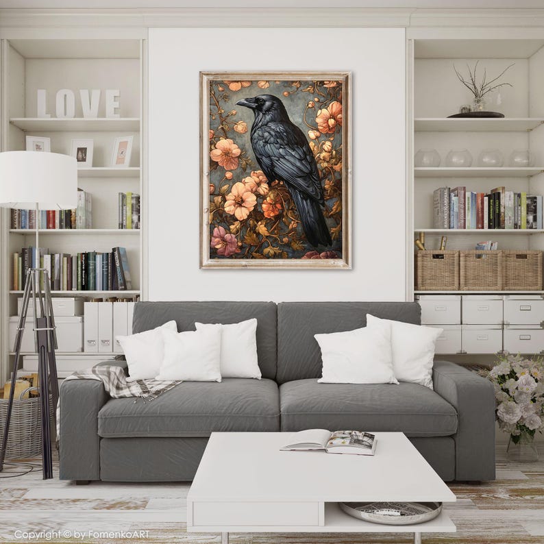 May include: A black raven perched on a branch with delicate pink and white flowers. The raven has a dark, glossy plumage and a sharp beak. The background is a soft, muted blue.