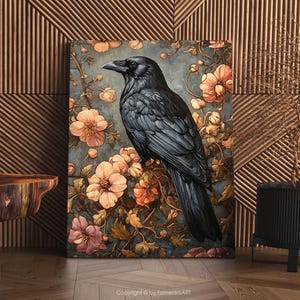 May include: A black raven perched on a branch of pink and orange flowers. The raven has a dark blue-grey hue and is surrounded by lush green foliage. The background is a muted blue-grey.