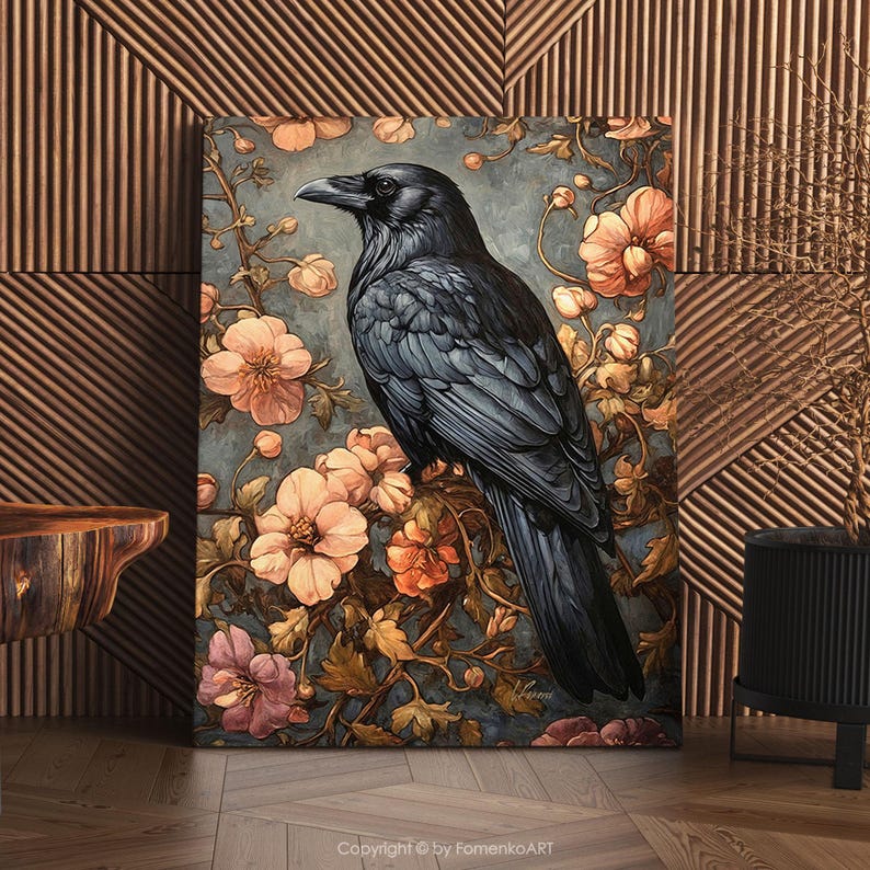 May include: A black raven perched on a branch of pink and orange flowers. The raven has a dark blue-grey hue and is surrounded by lush green foliage. The background is a muted blue-grey.