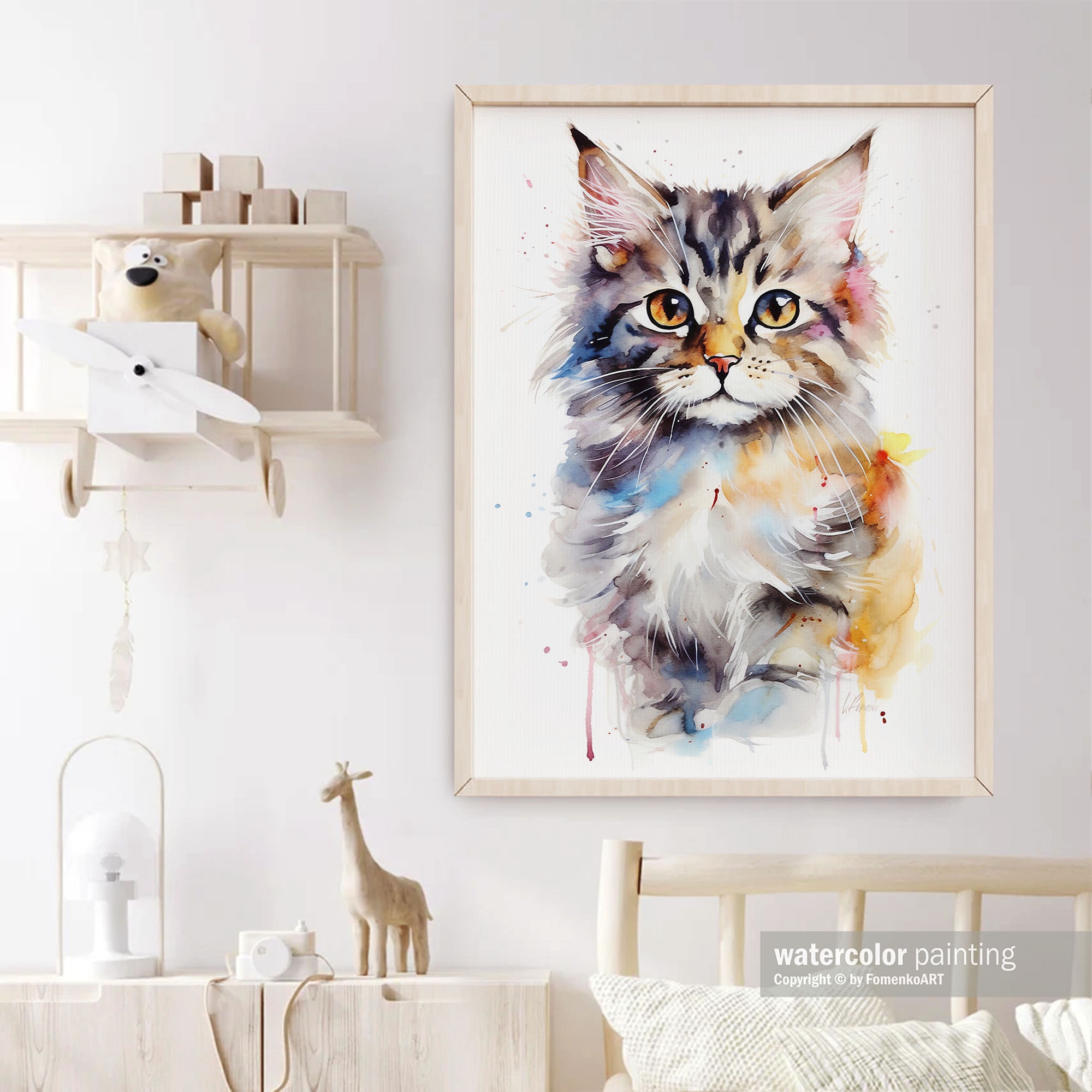 Cat Art Print Funny Tabby Cat Painting Watercolor Picture Animal Poster ...