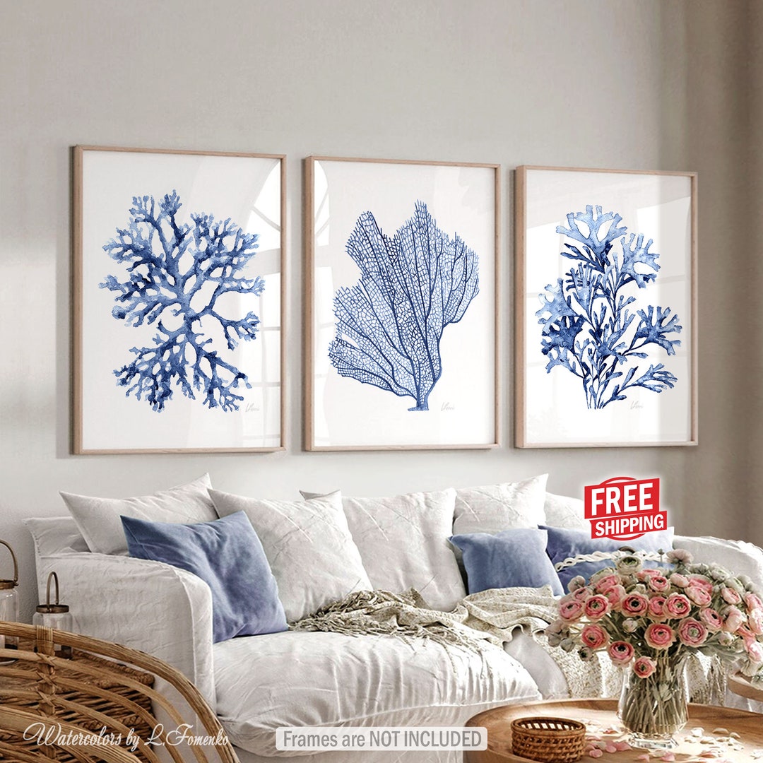 Coral Seaweed Print Nautical Wall Decor Bedroom Navy Blue Wall Etsy