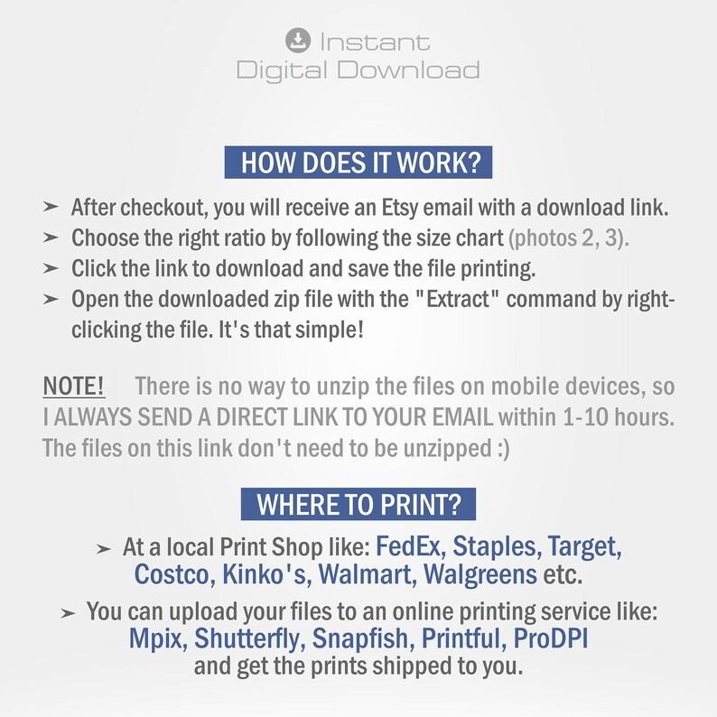 May include: A digital download information sheet with the text "Instant Digital Download." The sheet explains how to download and print files from Etsy, including where to print, such as FedEx, Staples, and Walmart.