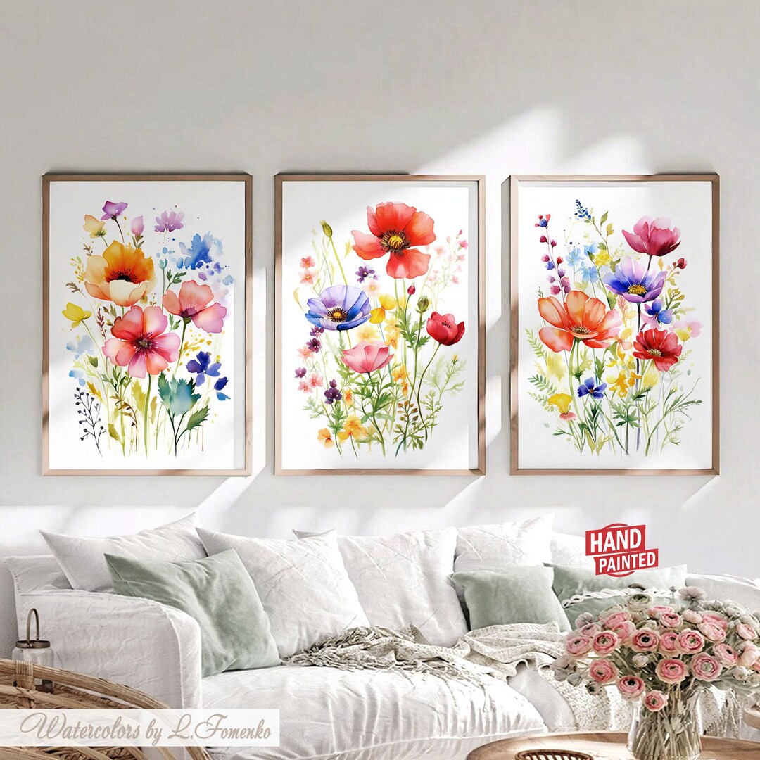Set of 3 Watercolor Wildflower Prints, Colorful Flowers Printable Home ...