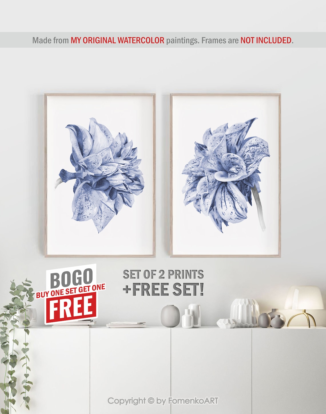Prints wall art Blue Flower art Flower painting Boho Wall | Etsy