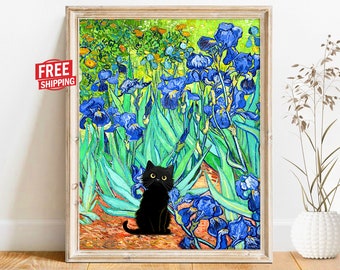 Van Gogh Print Black Cat Wall Art, Irises Oil Painting Kitten Canvas Poster Cat Lover Gifts Pet Drawing Bedroom Wall Decor Funny Room Decor