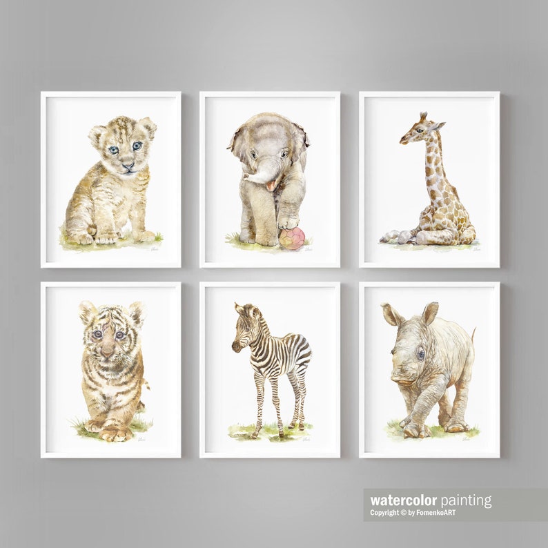 May include: Set of six watercolor paintings featuring baby animals from the African savanna. The paintings depict a lion, elephant, giraffe, tiger, zebra, and rhinoceros. Each animal is depicted in a playful and adorable style, with soft colors and delicate details.