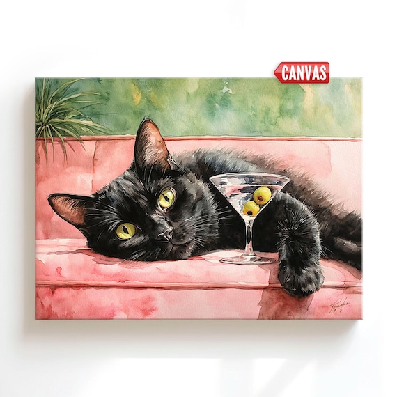 Black Cat & Martini Wall Art Print – Watercolor Painting, Canvas Quirky Whimsical Poster, Pet Lover Gift for Girl Woman, Cocktail Bar Decor