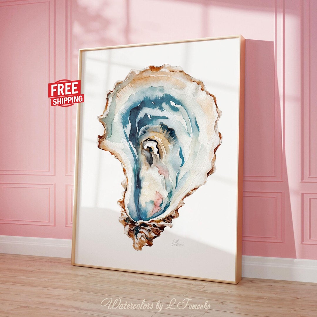 Oyster Shell Watercolor Painting, Coastal Wall Art Print, Hand Painted ...