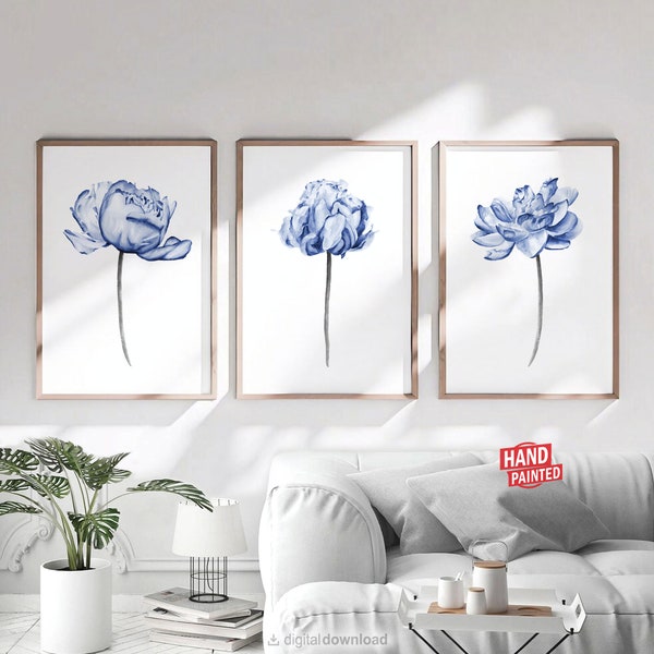 Blue Printable Wall Art Peony Painting Bedroom Wall Decor Living Room Flowers DOWNLOADABLE PRINTS Over The Bed Floral Boho Minimalist Poster