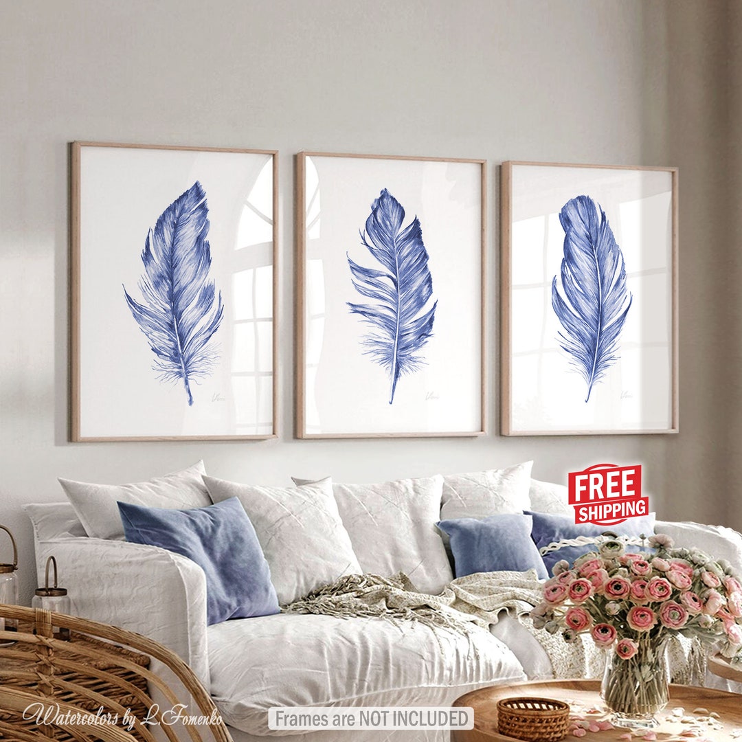 Blue Feather Wall Art Set of 3 Prints Watercolor Painting Etsy