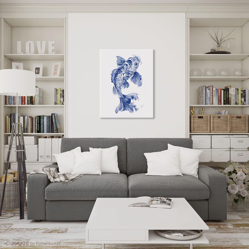 Chinoiserie Koi Fish Wall Art Print: Coastal Watercolor Painting Blue Nautical Decor Mother Gift image 17