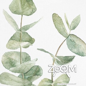 Puede incluir: Pintura acuarela de dos ramas de eucalipto con hojas verdes sobre un fondo blanco. Las ramas est&aacute;n dispuestas en una composici&oacute;n vertical, con las hojas superpuestas y creando una sensaci&oacute;n de profundidad. La pintura est&aacute; realizada en un estilo realista, con pinceladas delicadas y sombras sutiles.