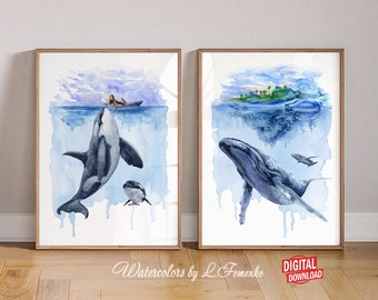 Print wall art Orca whale shark Ocean wall art Printable wall art set Whale print Killer whale Humpback whale Blue wall art Above bed art