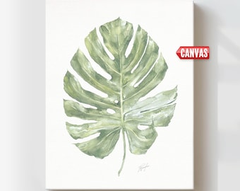 Decoración tropical: Lámina decorativa de Monstera, pintura de acuarela de hoja verde, obra de arte botánica en lienzo.