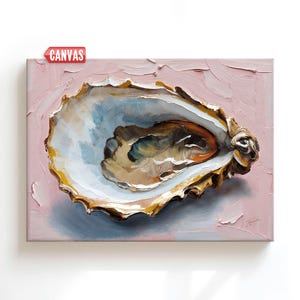 Oyster Shell Art Print - Coastal Wall Decor, Original Oil Painting Blush Pink Artwork On Canvas, Blue Grey Ocean Sea Beach Nautical Gift Kitchen Dining Room Picture for girl, woman, sister, mother, mom, her, grandmother