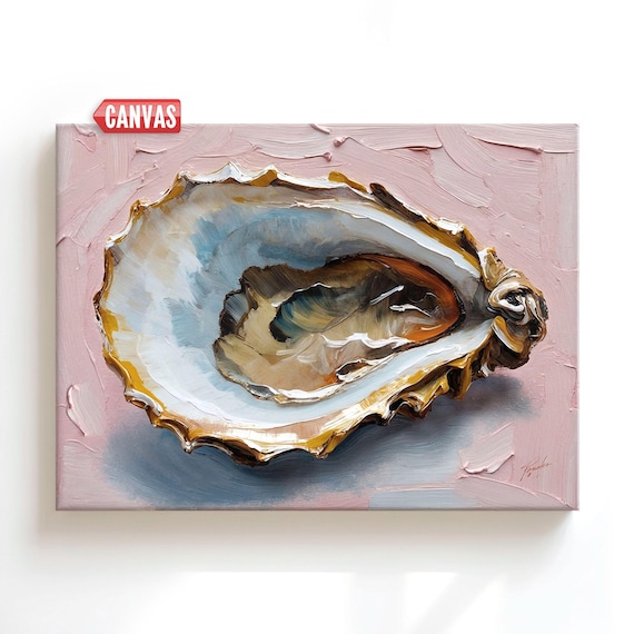 Oyster Shell Art Print - Coastal Wall Decor, Oil Painting Blush Pink Artwork On Canvas, Ocean Sea Beach Nautical Gift Kitchen Dining Room
