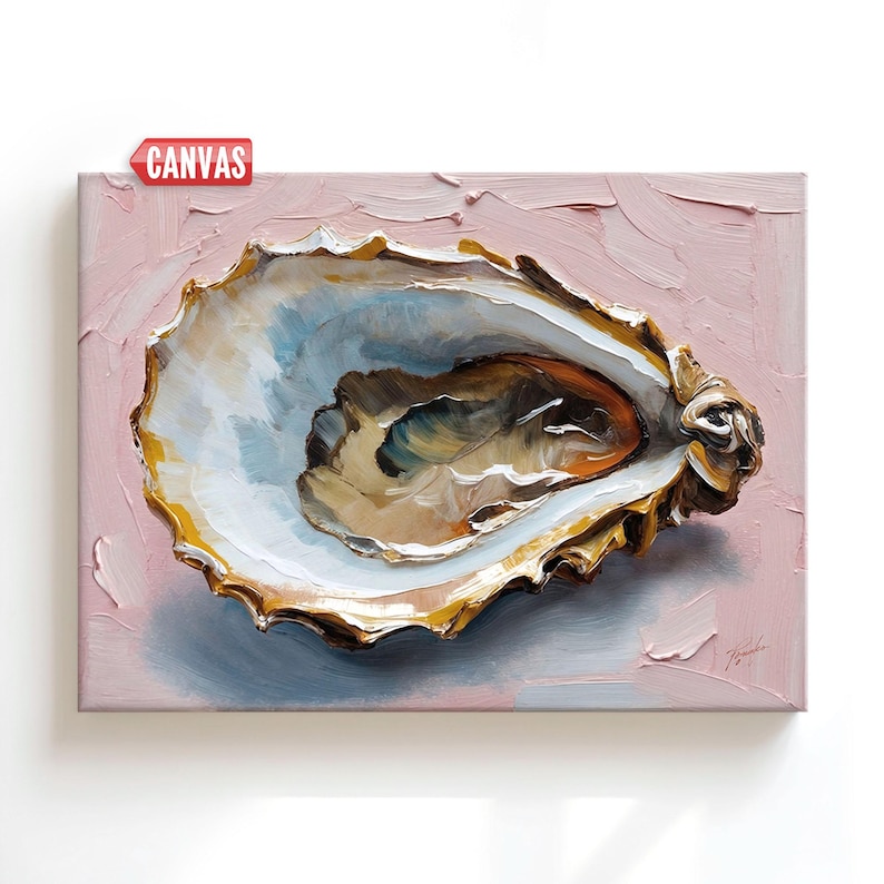 Oyster Shell Art Print - Coastal Wall Decor, Original Oil Painting Blush Pink Artwork On Canvas, Blue Grey Ocean Sea Beach Nautical Gift Kitchen Dining Room Picture for girl, woman, sister, mother, mom, her, grandmother