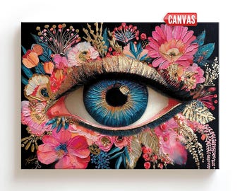 Whimsical Eye Wall Art Print, Maximalist Dopamine Decor, Unique Fantasy Painting, Surreal Floral Canvas