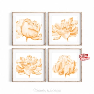 Orange wall art printable Square prints Bedroom wall decor Living room modern Burnt orange decor Terracotta painting Flower artwork Set of 4