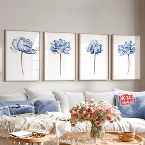 Set of 4 prints Printable a wall art Downloads art prints Above bed wall decor Watercolor peony Blue artwork A1 print A2 poster 24x36 inches