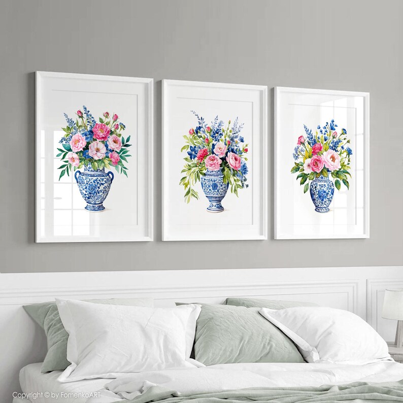 Peony Flowers Painting Wall Art Prints, Blue and White Vase Chinoiserie