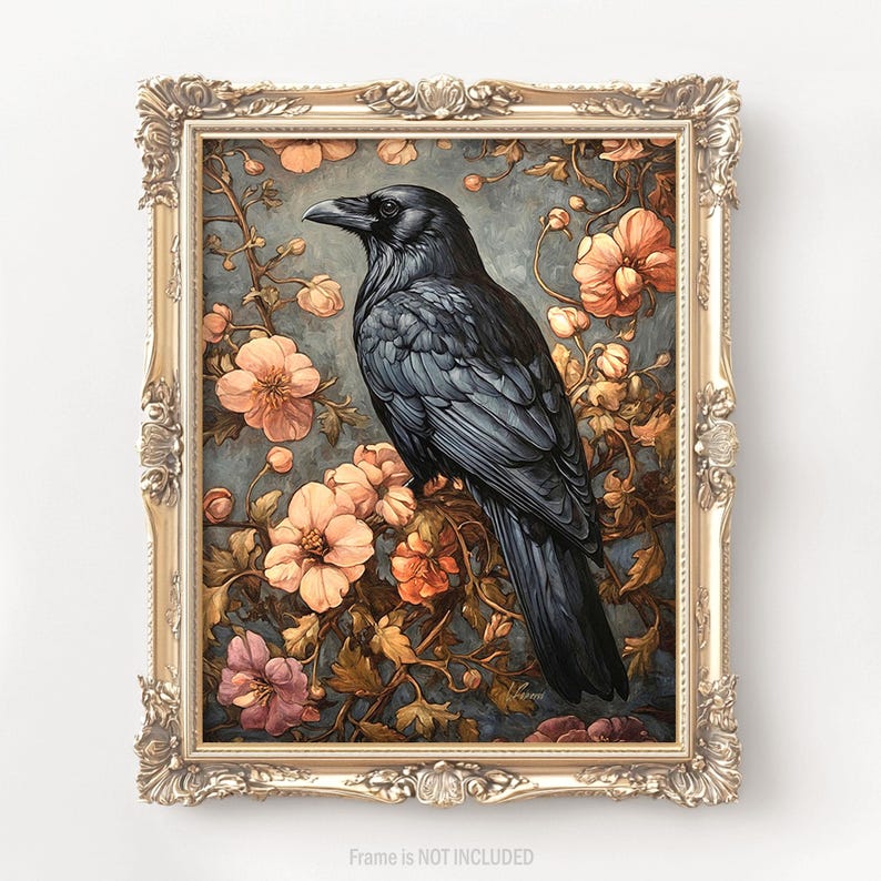 Raven Wall Art Print William Morris Inspired Canvas Crow Oil Painting, Vintage Bird Gift Large Mid Century Cottagecore Dark Academia Decor image 1