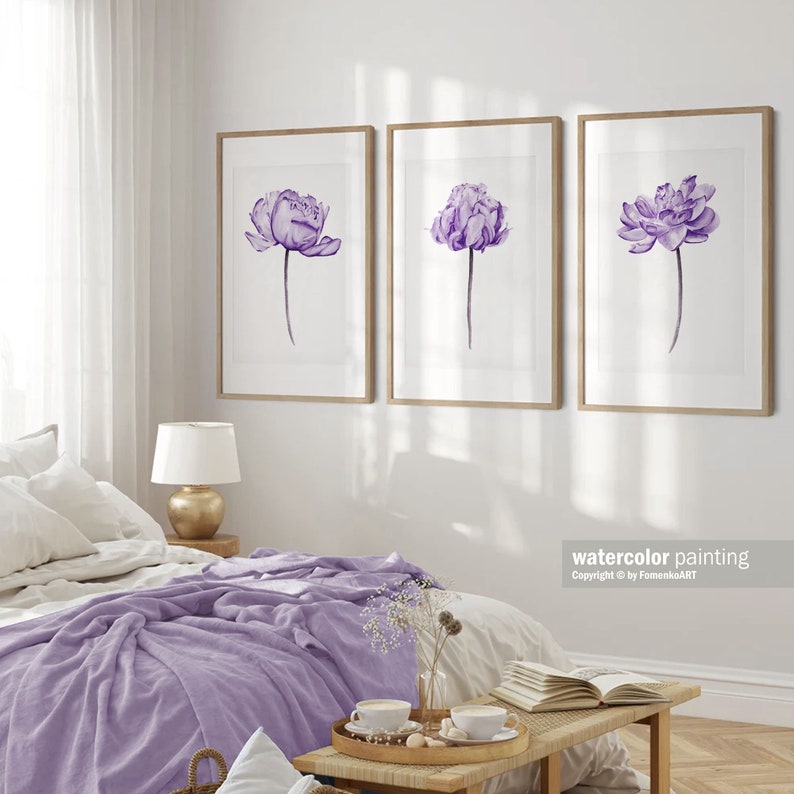 Purple room decor Watercolor flowers print Peony painting Printable wall art image 3
