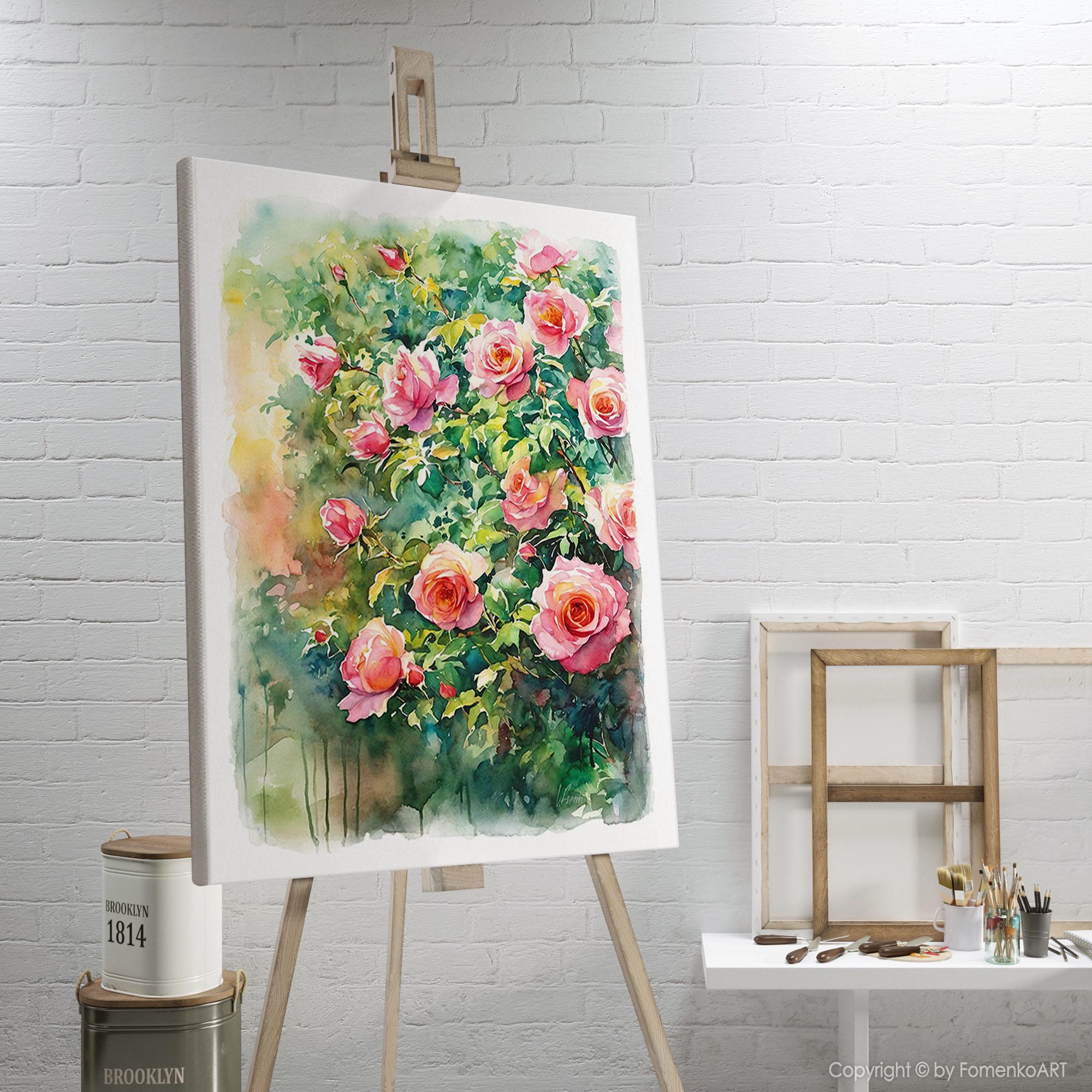 Pink Rose Garden Wall Art PRINT Watercolor Painting, Floral Wall Decor ...