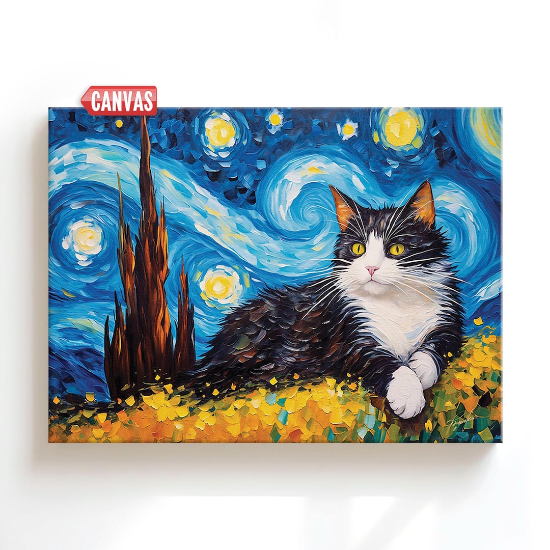 Tuxedo Cat Style Van Gogh Print Home Decor Wall Art Starry Night Oil ...