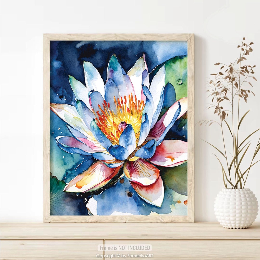 Blue Lotus Flower Wall Art Print - Watercolor Painting, Canvas or ...