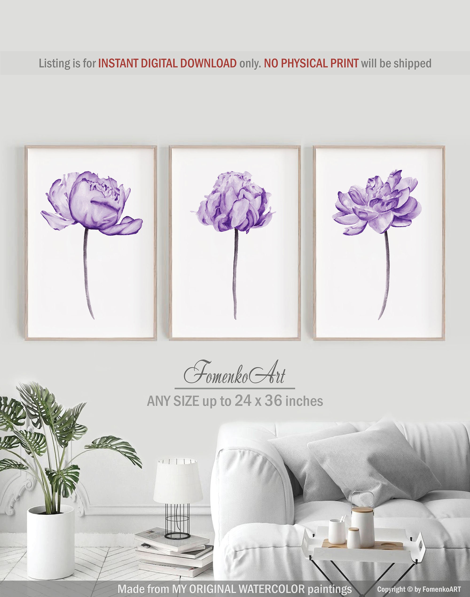 Purple wall decor Downloadable wall Art prints download Etsy