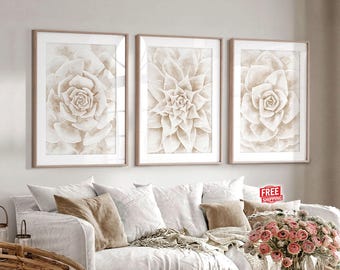 Beige Boho Neutral Cactus Wall Art Prints, Watercolor Painting Farmhouse Bedroom Wall Decor Living Room Modern Canvas Poster Set of 3 Plants