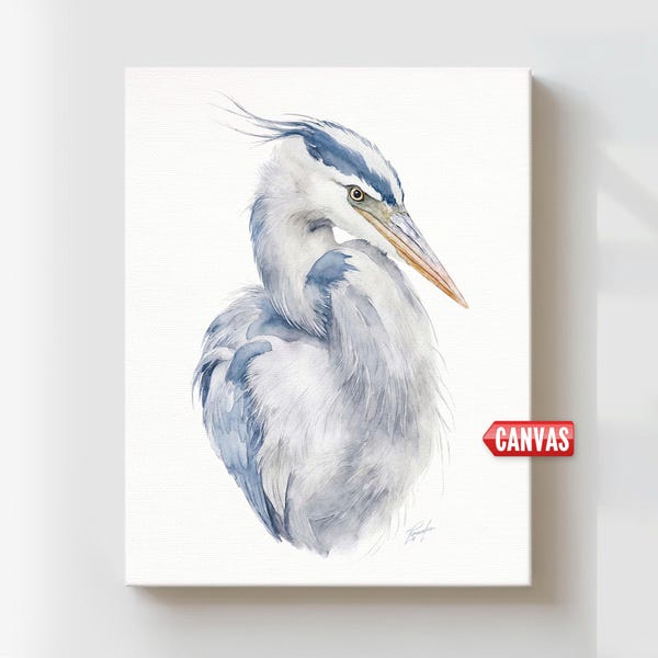 Blue Heron Watercolor Print, Coastal Beach Wall Art, Minimalist Nautical Illustration
