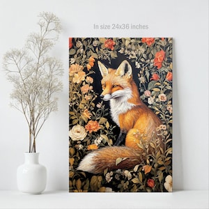 Fox Wall Art Print William Morris Inspired Canvas Oil Painting, Vintage Style Floral Gift Large Mid Century Cottagecore Dark Academia Decor imagem 7