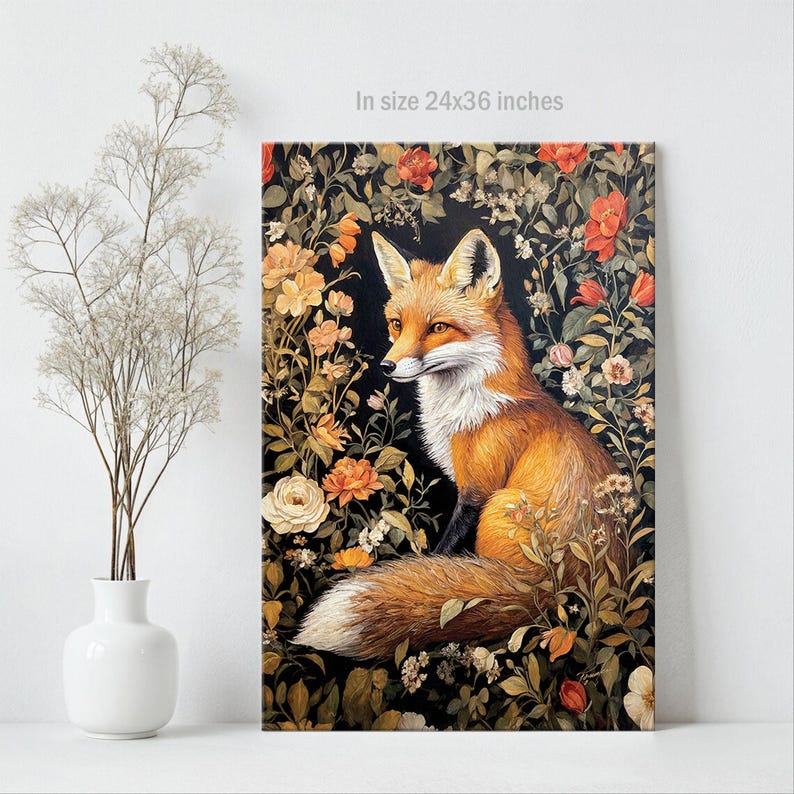 Fox Wall Art Print William Morris Inspired Canvas Oil Painting, Vintage Style Floral Gift Large Mid Century Cottagecore Dark Academia Decor imagem 7