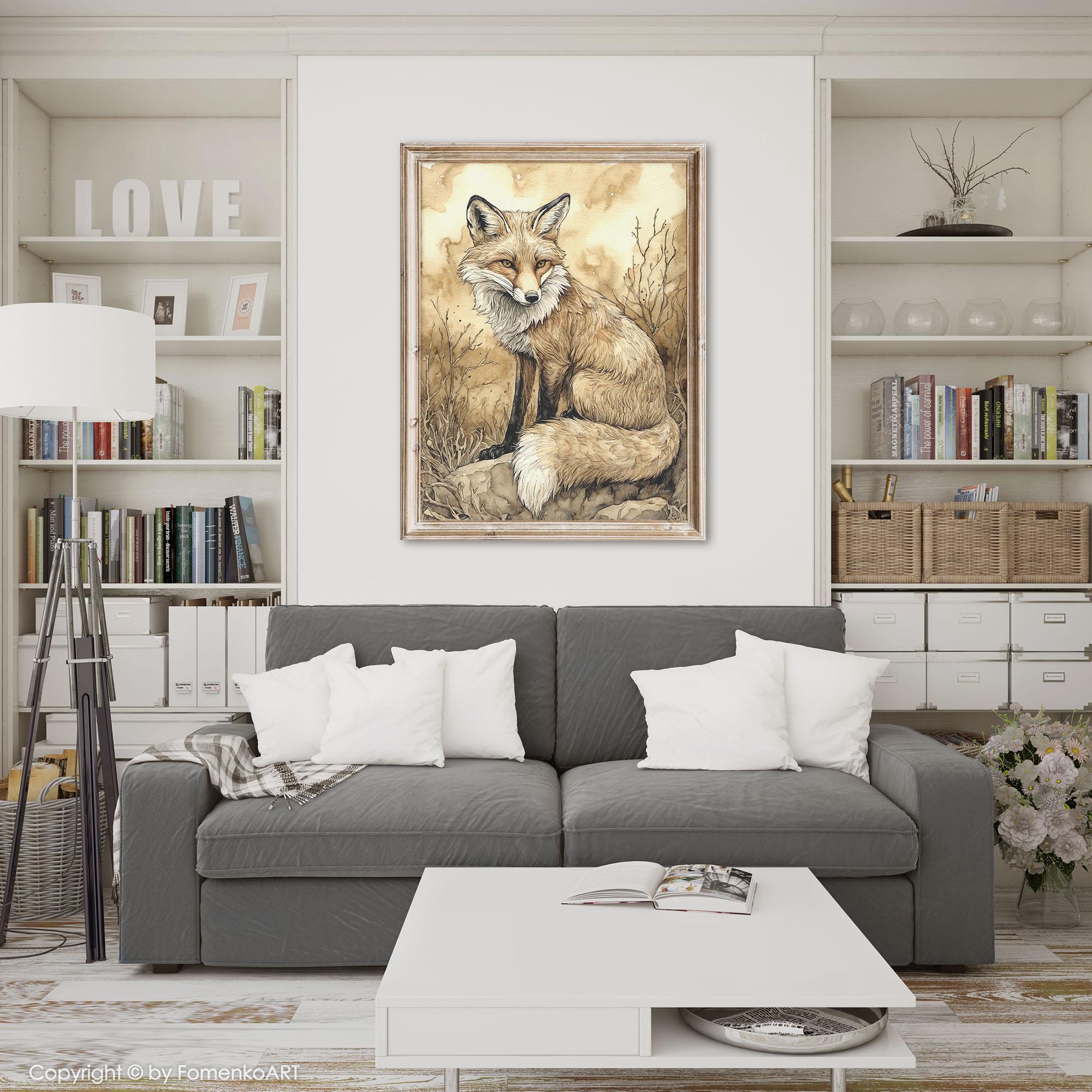Red Fox Painting Wall Art PRINT Vintage Style Gothic Whimsical