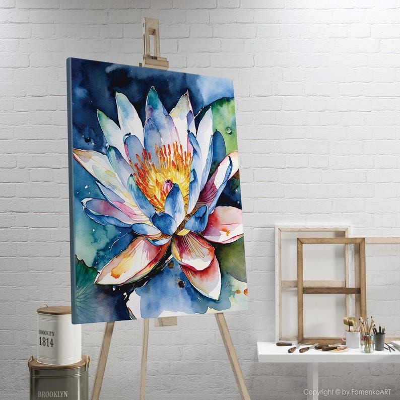 Blue Lotus Flower Wall Art Print - Watercolor Painting, Canvas or ...