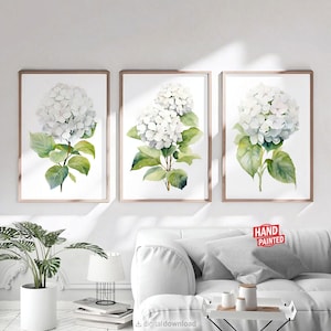 Watercolor White Hydrangea Set For Bedroom Wall Decor Over The Bed, Printable Wall Art Floral Downloadable Prints Green Plant Flower Artwork