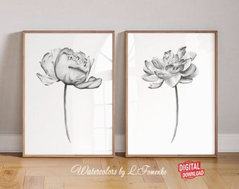 Black and white flower printable wall art Bedroom wall decor Downloadable prints Minimalist digital download art Artwork 2 piece wall art