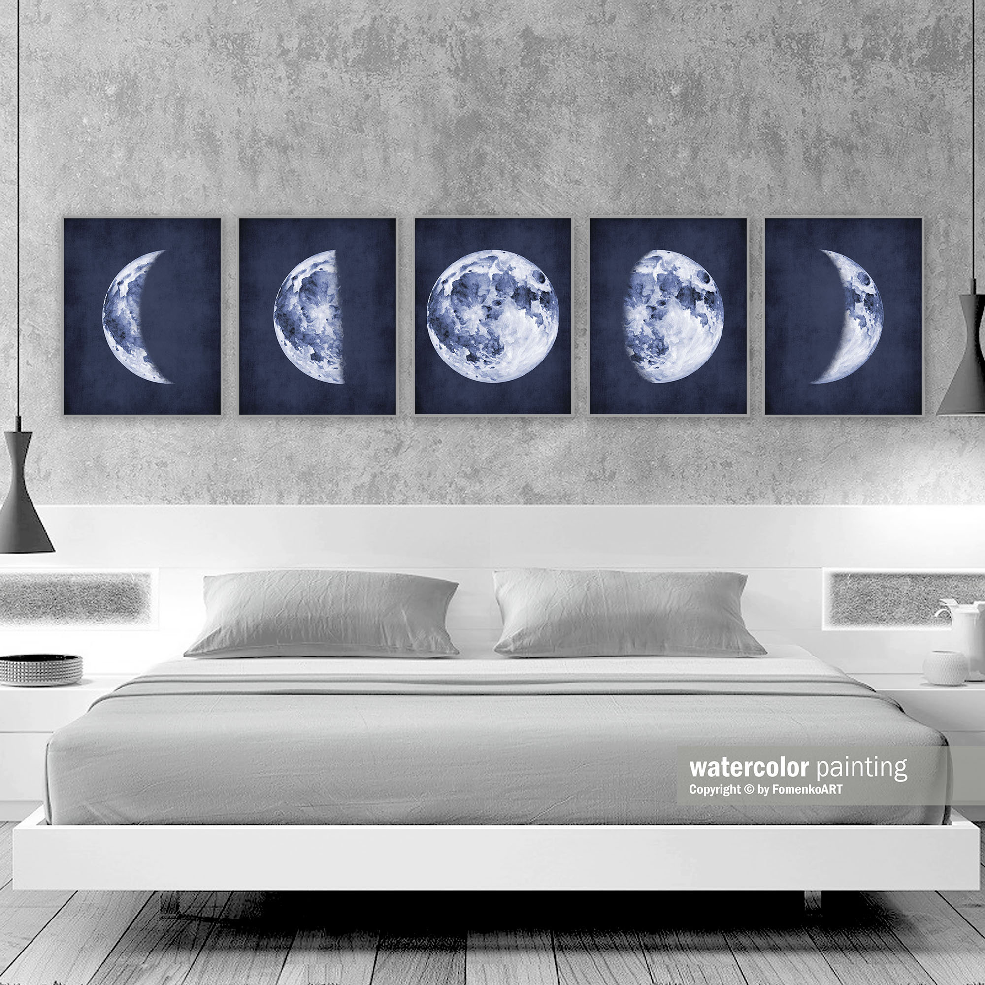 Phases of the Moon Print Navy Blue Wall Art Printable - Etsy