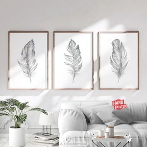 Black And White Feather Wall Art Prints Minimalist Printable Scandinavian Poster Set Of 3, Modern Boho Bedroom Wall Decor DIGITAL DOWNLOAD