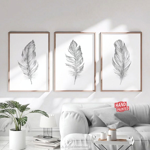 Zwart-wit Feather Wall Art Prints minimalistische afdrukbare Scandinavische poster set van 3, moderne Boho slaapkamer muur decor digitale DOWNLOAD