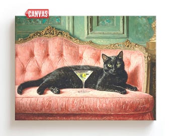 Black Cat & Martini Wall Art Print – Vintage Oil Painting Style, Retro Quirky Whimsical Poster, Cute Cat Lover Gift, Cocktail Bar Cart Decor