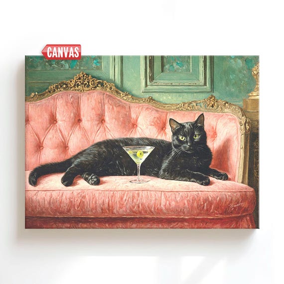Black Cat & Martini Wall Art Print – Vintage Oil Painting Style, Retro Quirky Whimsical Poster, Cute Cat Lover Gift, Cocktail Bar Cart Decor
