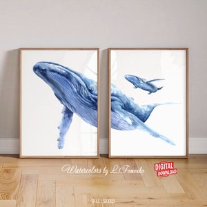 Whale art print, Humpback whale print, Printable wall art Nursery print set of 2 Under the sea Underwater painting Blue whale wall hanging